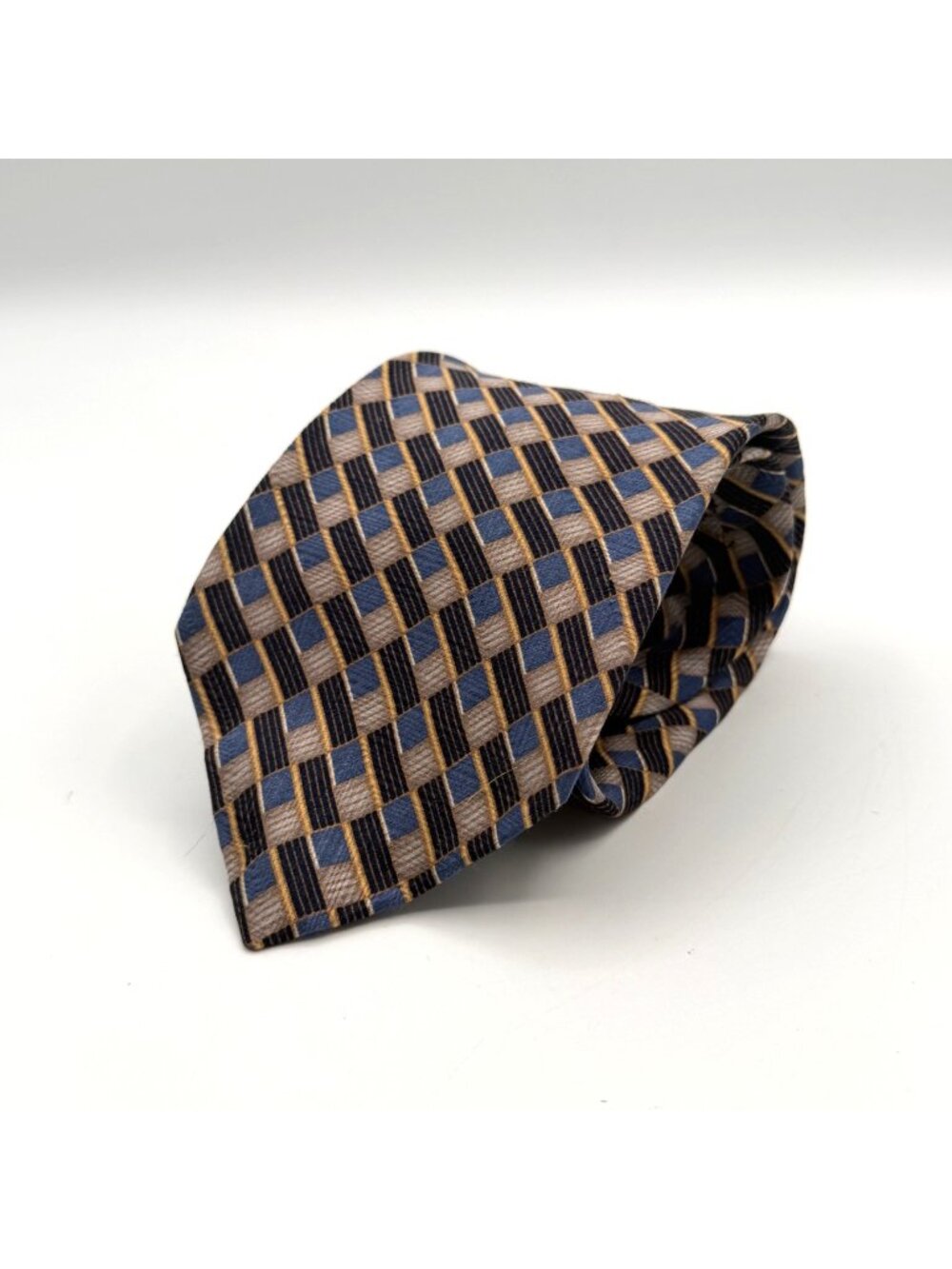 NEO Bill Blass Blue/Gold Geometric Pattern 100% Silk Tie 60" x 4"